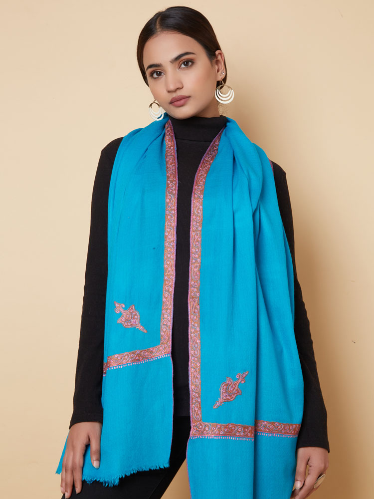 Azure Blue Sozni Hand Embroidery Stole - KCS Kashmir Shawl Emporium