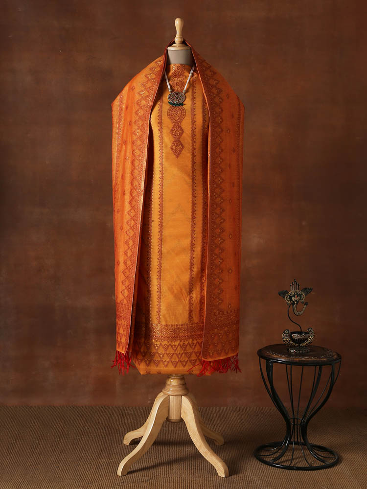 Chanderi Silk Cotton Unstitched Suit Set - Saffron Orange