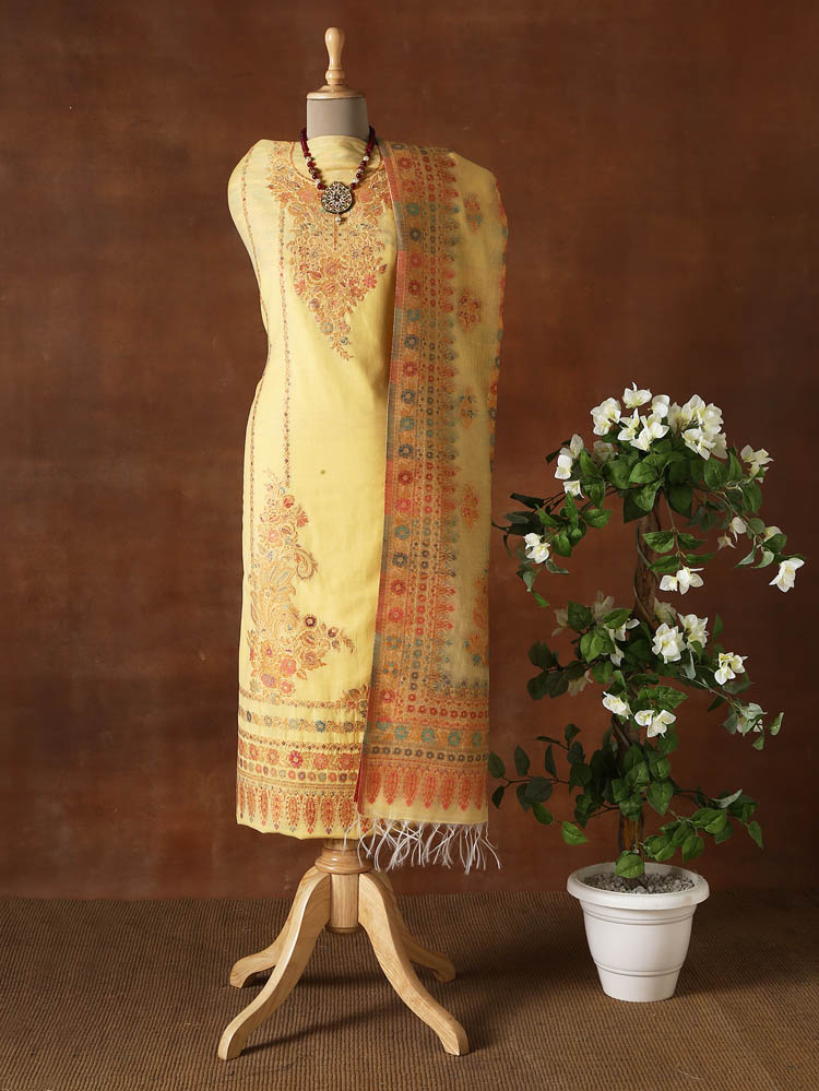 Unstitched Chanderi Naal Palla Suit Set - Merigold Yellow