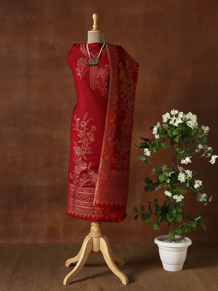 Unstitched Chanderi Silk Cotton Floral Suit Set - Crimson Red