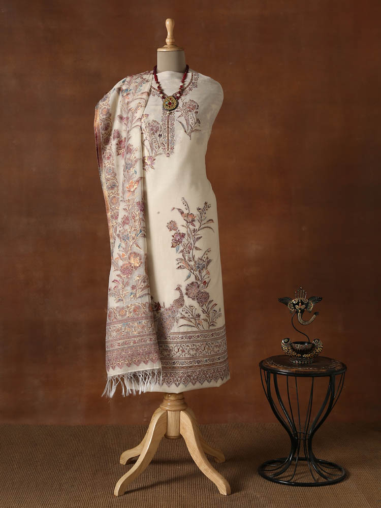 Unstitched Chanderi Silk Cotton Floral Suit Set - Lavender Ivory