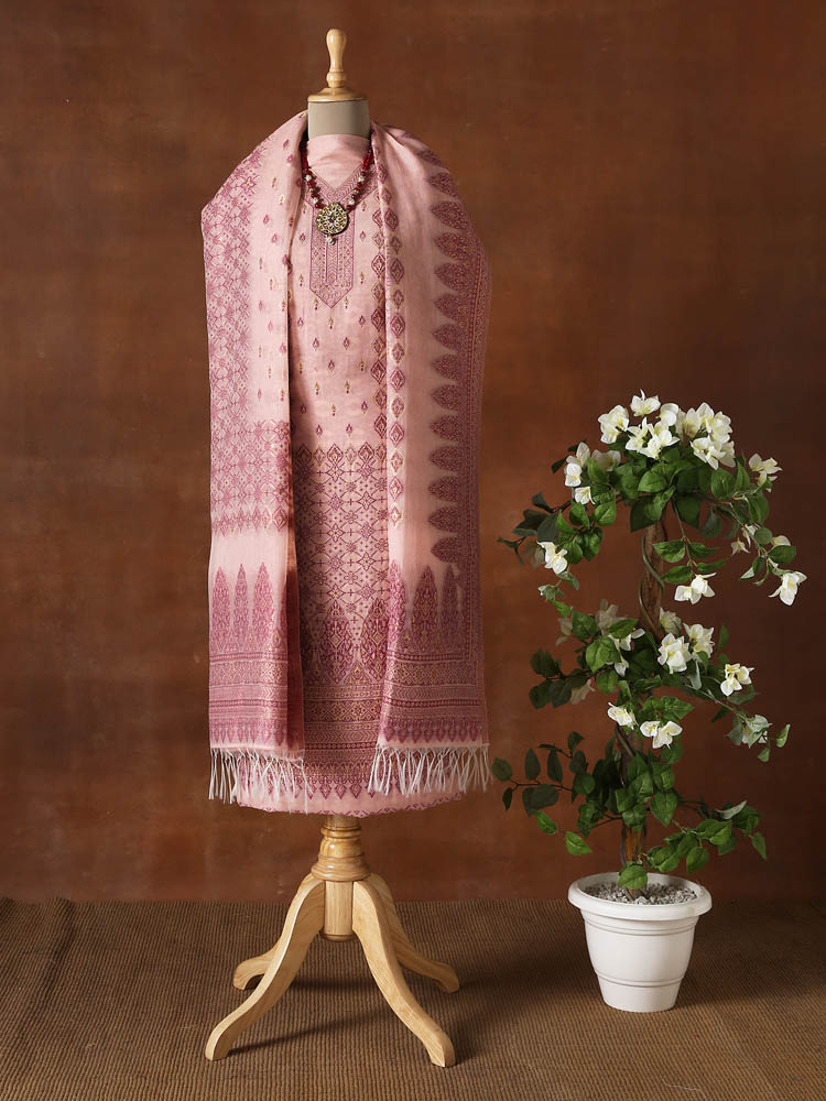 Unstitched Chanderi Silk Cotton Ikat Suit Set - Baby Pink