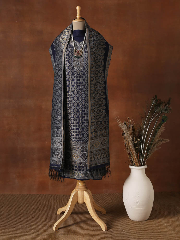 Unstitched Chanderi Silk Cotton Summer Suit - Navy Blue