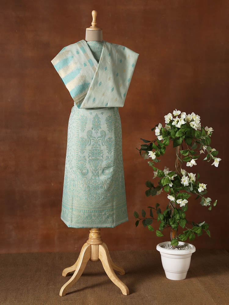 Unstitched Floral Buteh Cotton Suit Set - Mint Green