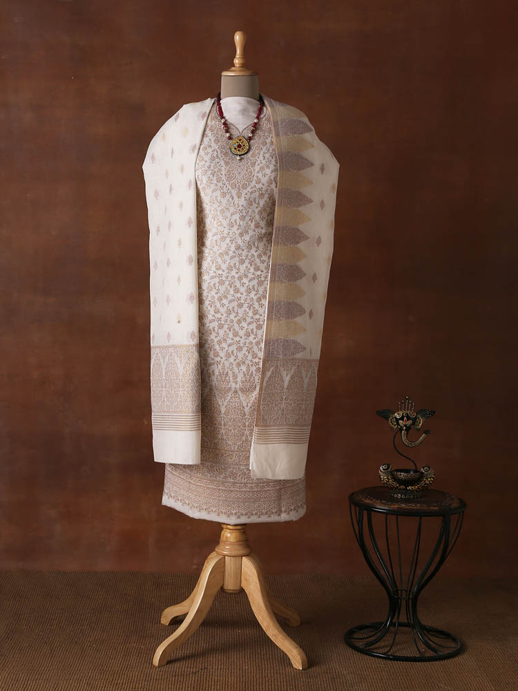 Unstitched Floral Cotton Suit Set - Almond Offwhite