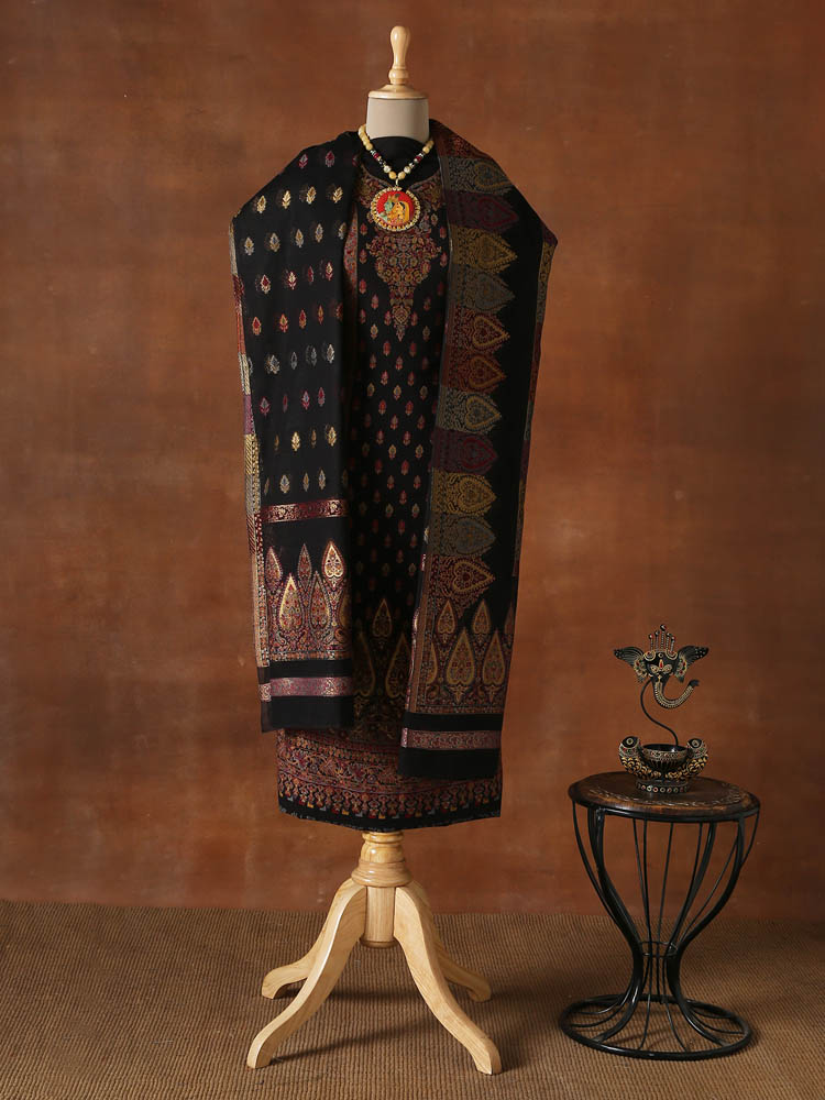 Unstitched Silk Cotton Zari Kani Suit - Black Multi