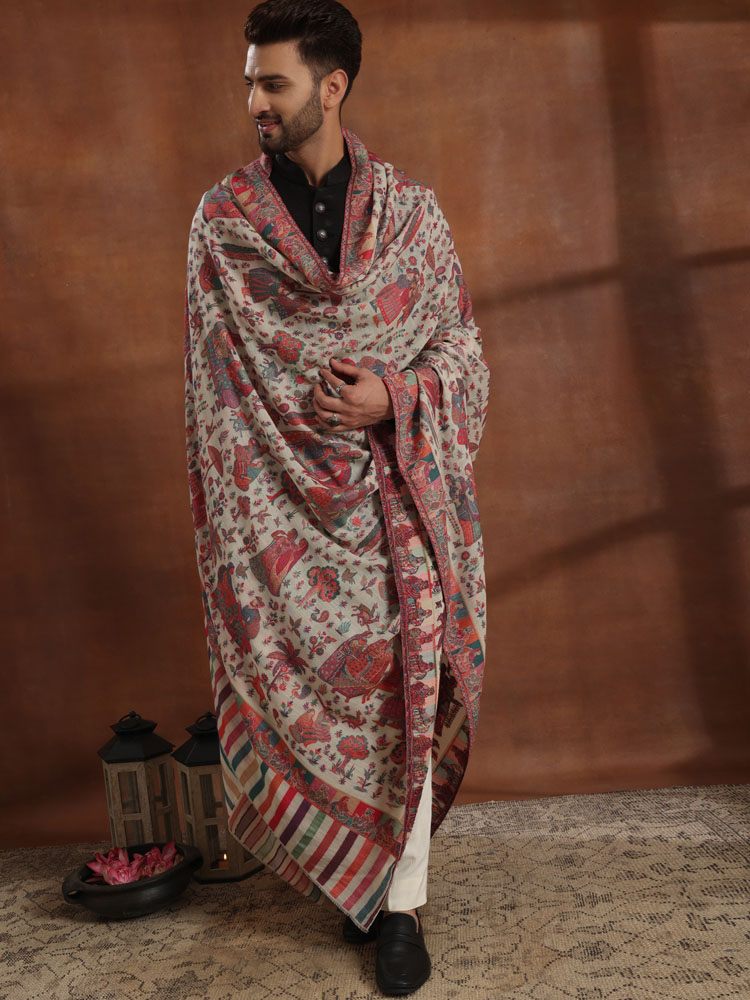 Jashn-e-Doshaala - Kani Weave Mens Shawl - Ivory, Multi