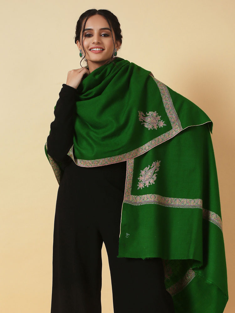 Handloom Pure Pashmina Baledaar Shawl - Emerald Green
