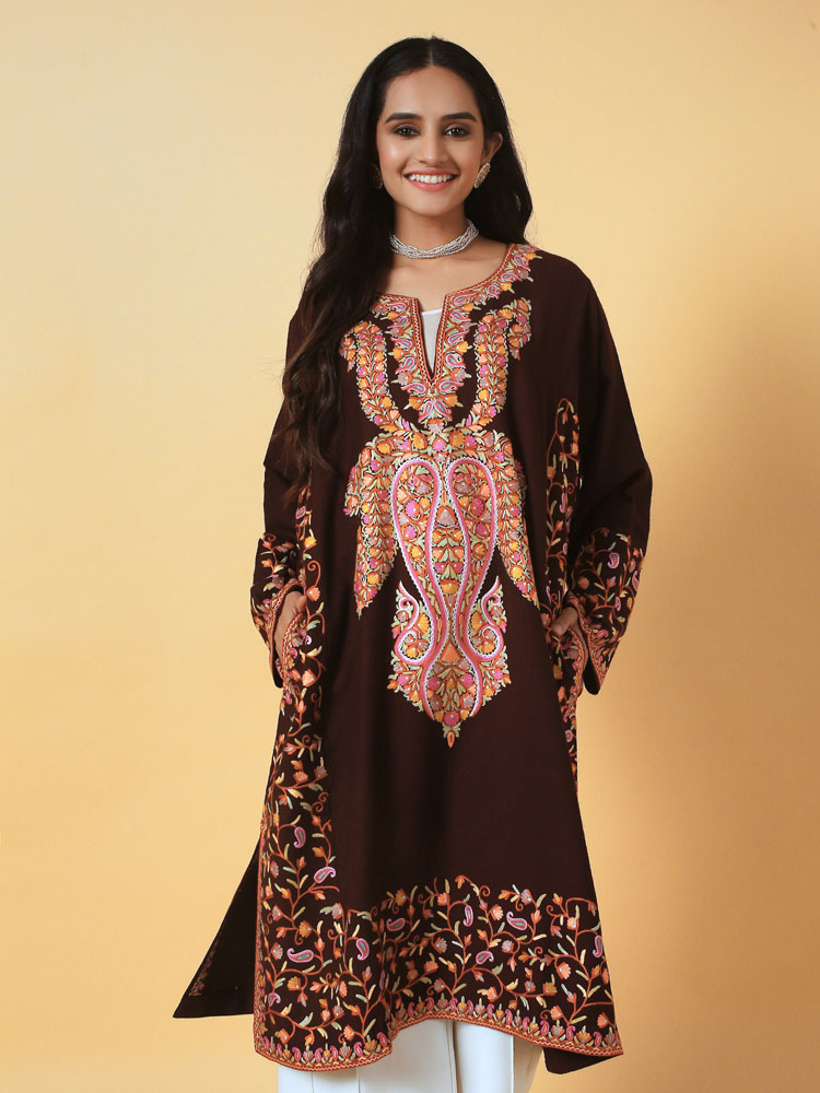 Ambi Jaal Hand Embroidery Wool Phiran - Mustang Brown - KCS Kashmir ...