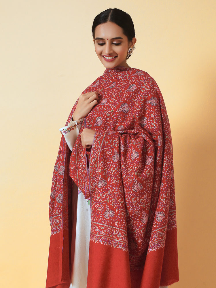 Pure Pashmina Sozni Jaal Work Shawl - Imperial Red