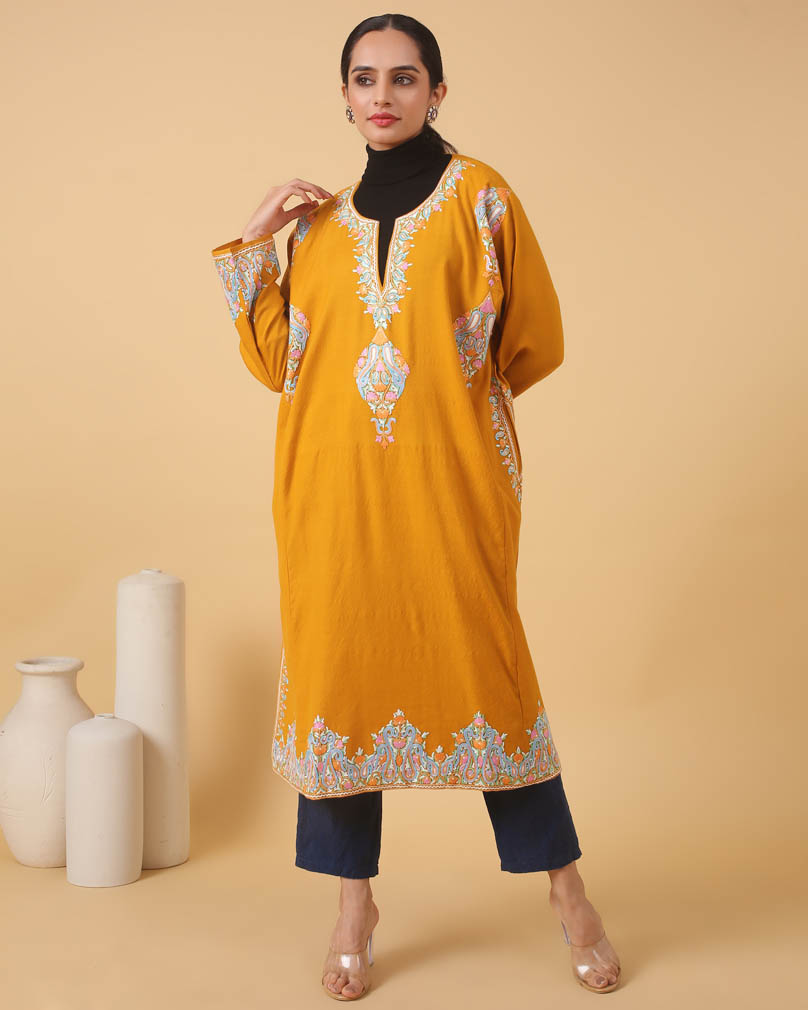 Badaam Buteh Ari Embroidery Wool Phiran - Canary Mustard