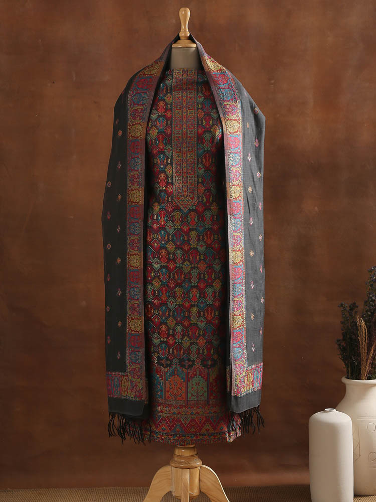 Chanderi Silk Cotton Ikat Suit Set - Grey, Multi