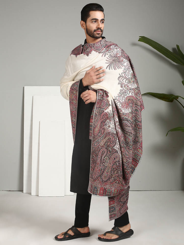 Bada Dor Kani Weave Mens Shawl – White, Multi