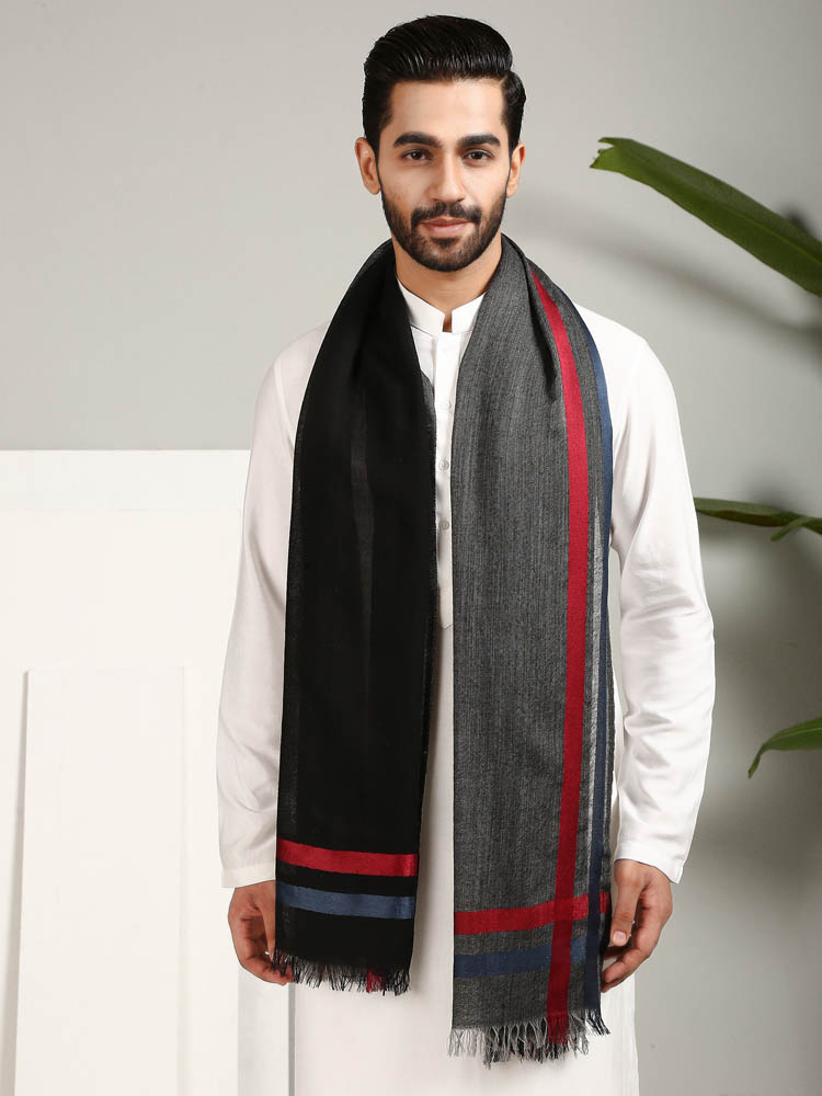 Luxury Wool Silk Tonal Checks Stole – Black, Grey