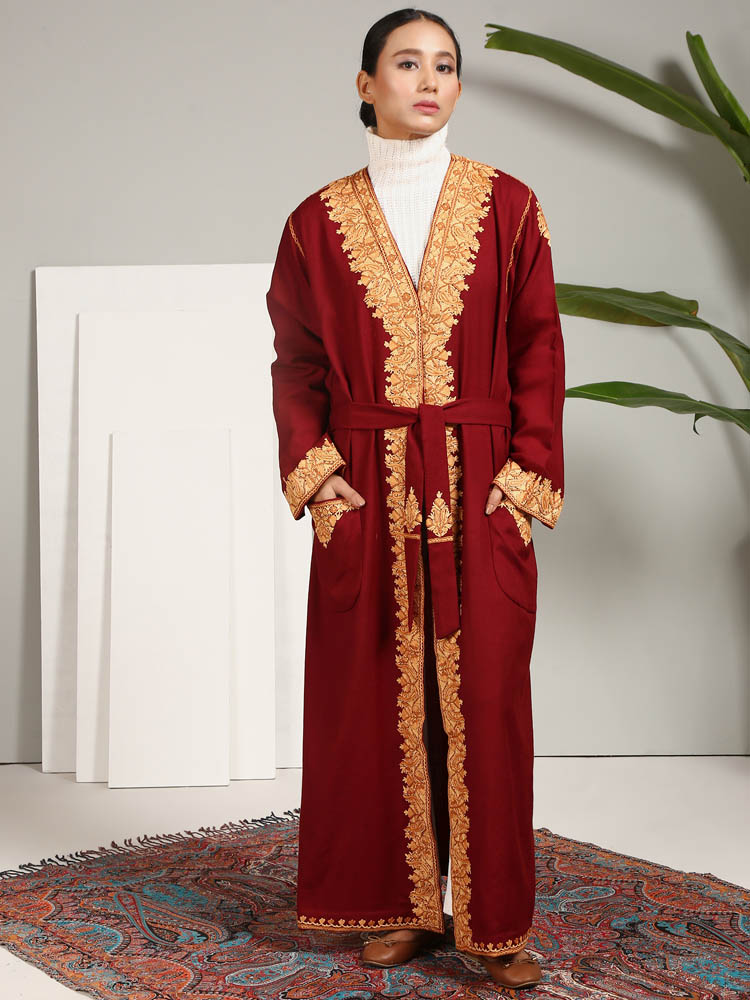 Ari Embroidery Pure Wool Dressing Gown - Musk Brown