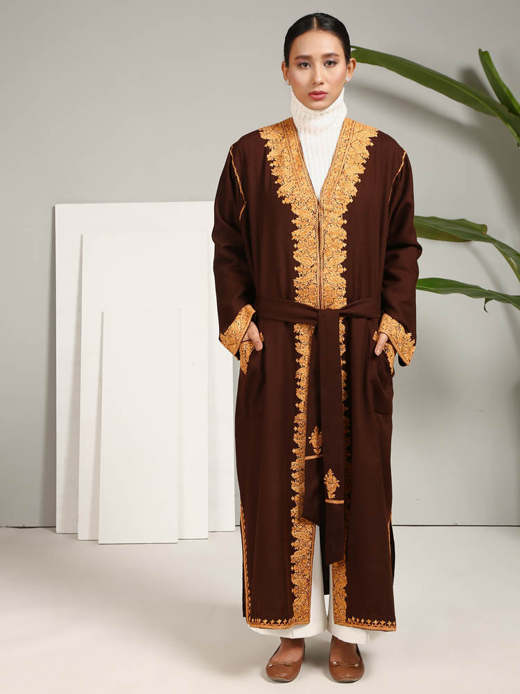 Ari Embroidery Pure Wool Dressing Gown - Walnut Brown