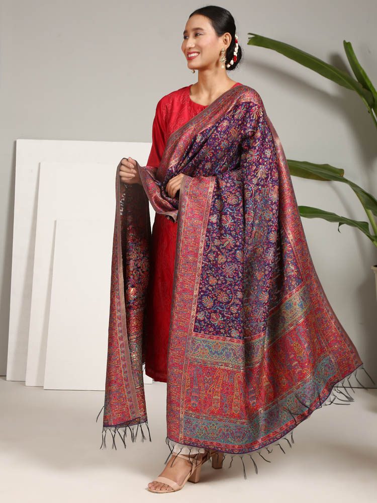 Orchid Red Floral Jaal Raw Silk Dupatta